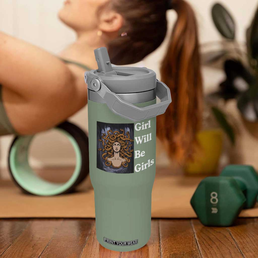 Girl Will Be Girls Flip Straw Tumbler Medusa Mythology Feminist Women TS12 One Size: 30 oz Moss Green Print Your Wear