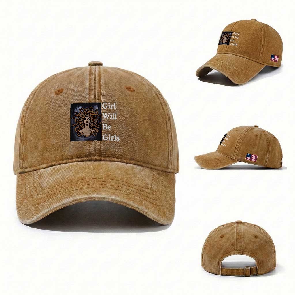 Girl Will Be Girls Washed Cotton Baseball Cap Medusa Mythology Feminist Women TS12 Washed Cap Universal Fit Yellow Ochre Print Your Wear