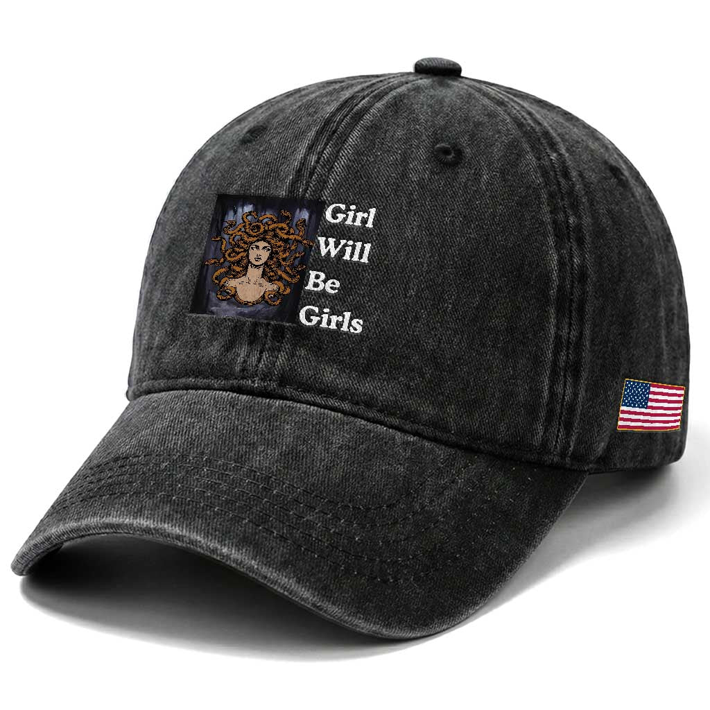 Girl Will Be Girls Washed Cotton Baseball Cap Medusa Mythology Feminist Women TS12 Print Your Wear