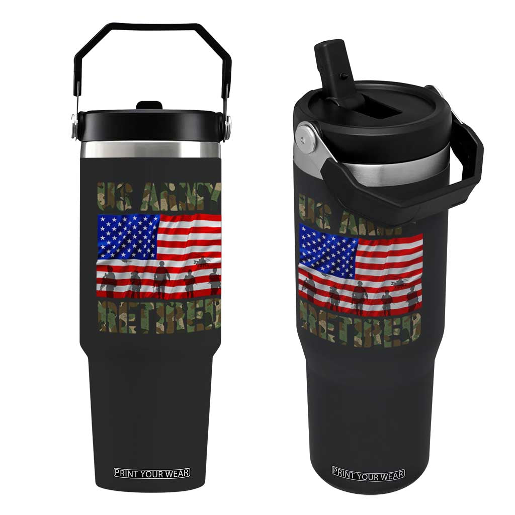 Retired Veteran Flip Straw Tumbler American Flag US Army Patriotic USA Pride TS12 One Size: 30 oz Black Print Your Wear