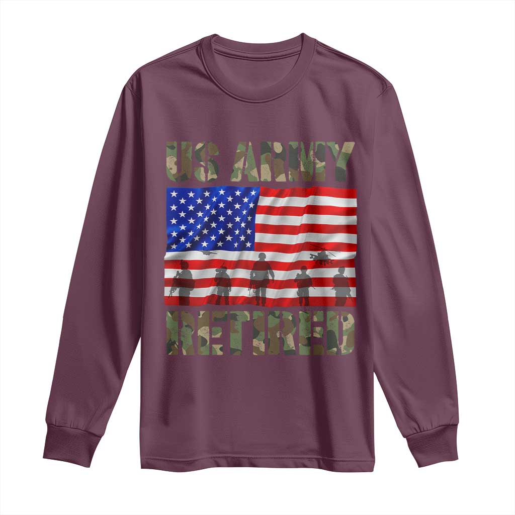 Retired Veteran Long Sleeve Shirt American Flag US Army Patriotic USA Pride TS12 Maroon Print Your Wear