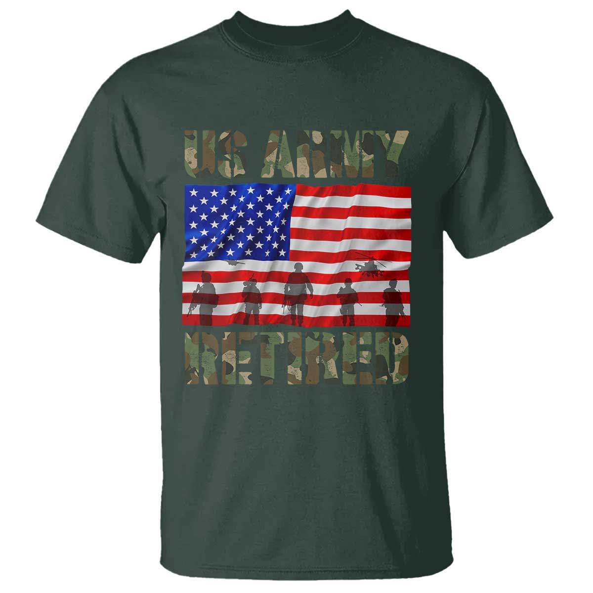 Retired Veteran T Shirt American Flag US Army Patriotic USA Pride TS12 Dark Forest Green Print Your Wear