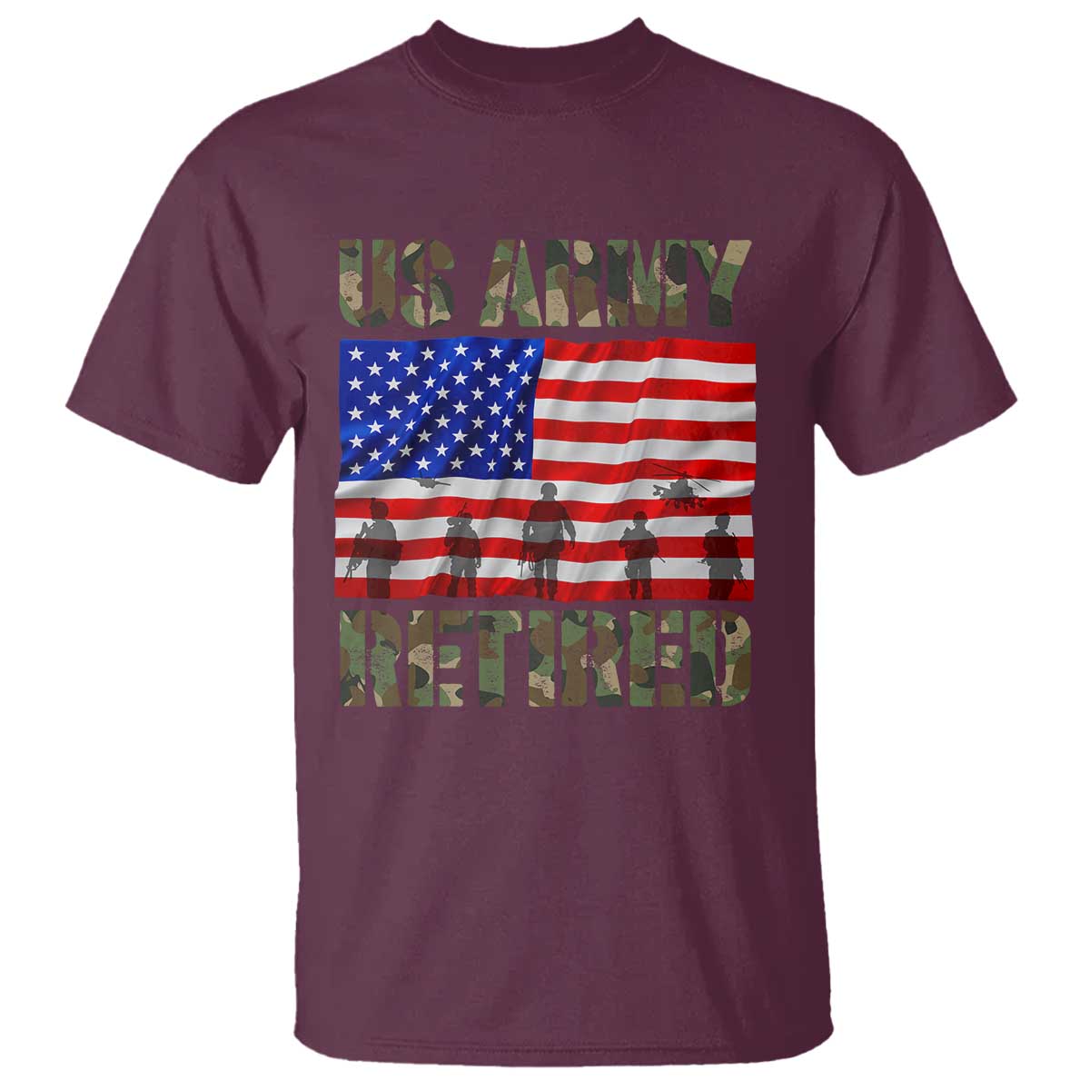 Retired Veteran T Shirt American Flag US Army Patriotic USA Pride TS12 Maroon Print Your Wear