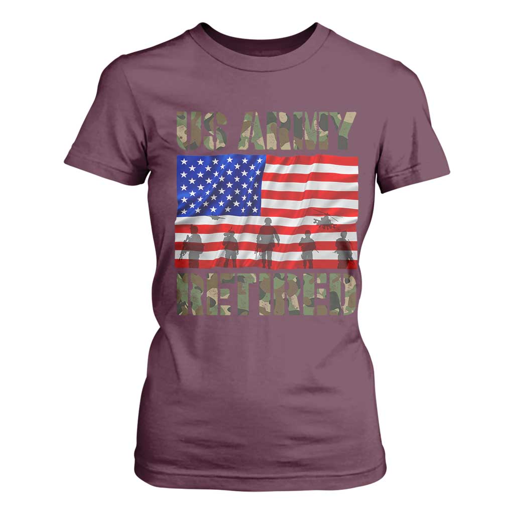Retired Veteran T Shirt For Women American Flag US Army Patriotic USA Pride TS12 Maroon Print Your Wear
