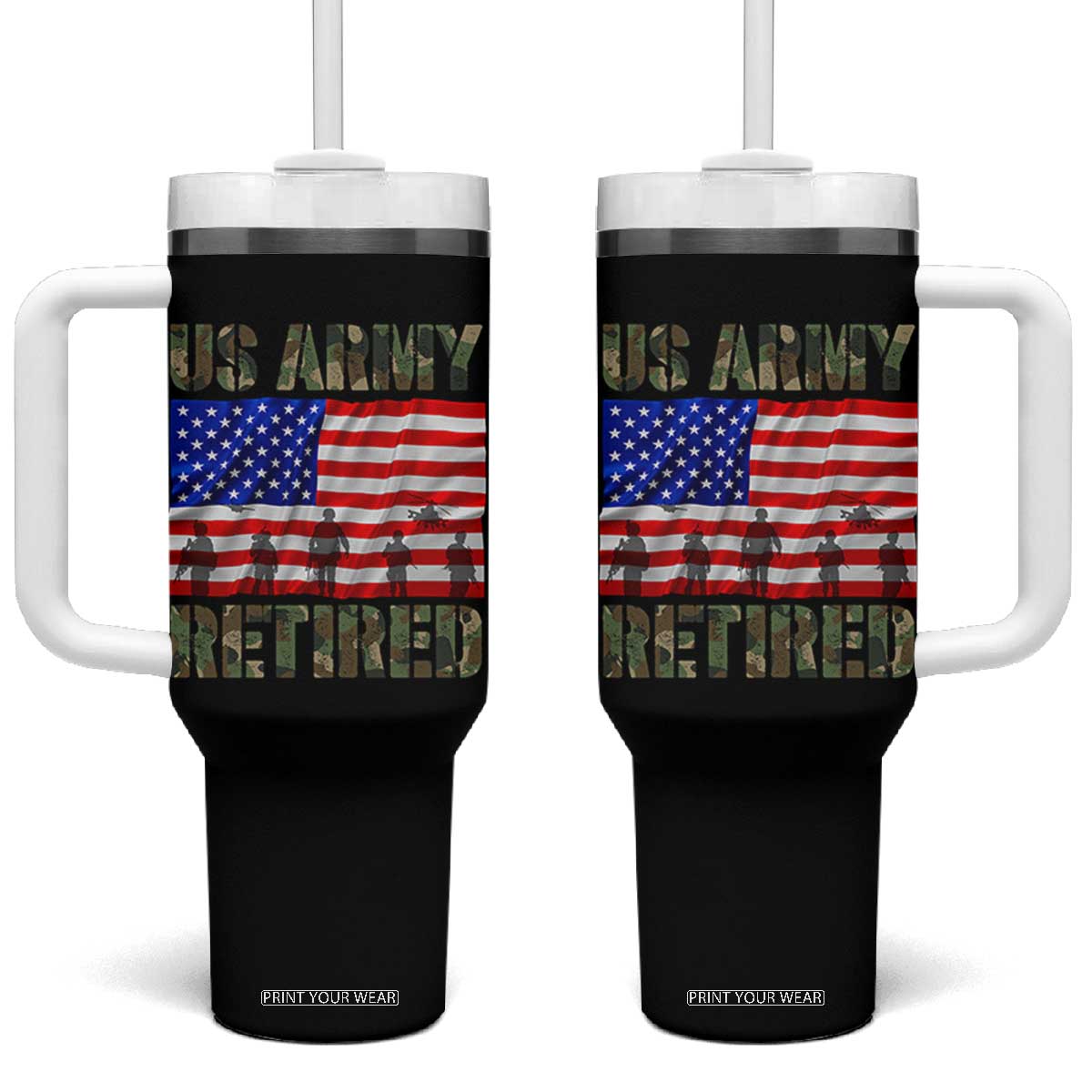 Retired Veteran Tumbler With Handle American Flag US Army Patriotic USA Pride TS12 One Size: 40 oz Black Print Your Wear