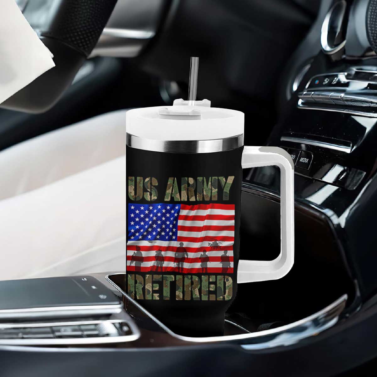 Retired Veteran Tumbler With Handle American Flag US Army Patriotic USA Pride TS12 Print Your Wear