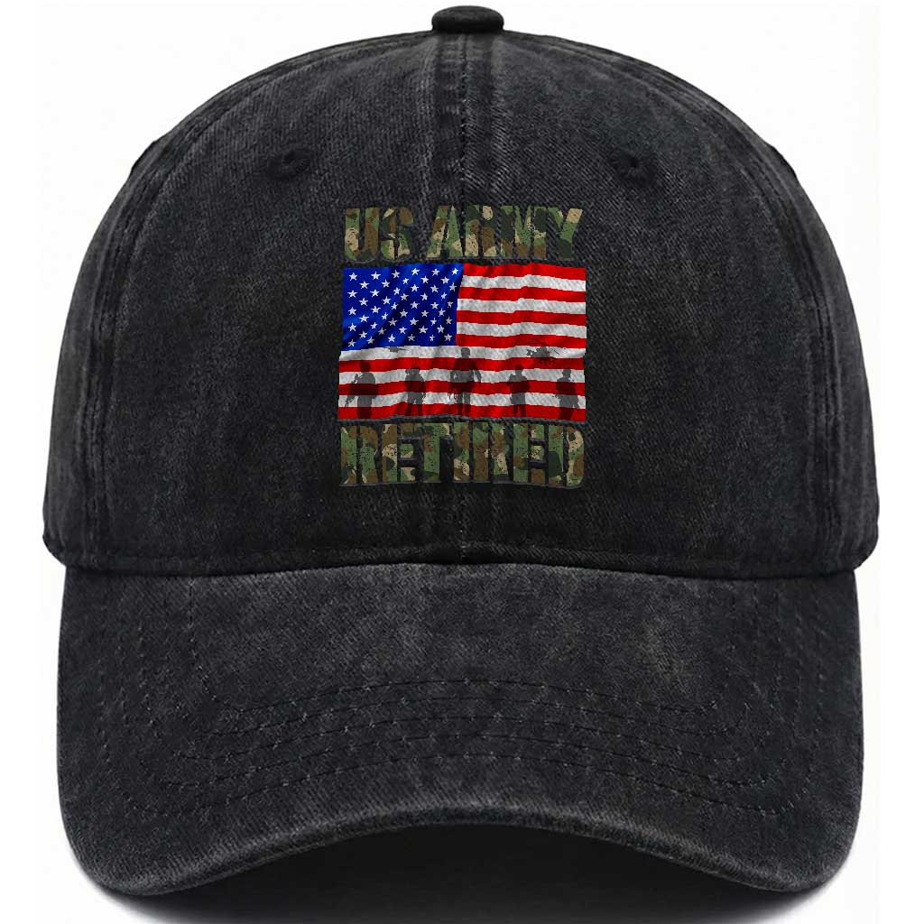 Retired Veteran Washed Cotton Baseball Cap American Flag US Army Patriotic USA Pride TS12 Washed Cap Universal Fit Black Print Your Wear