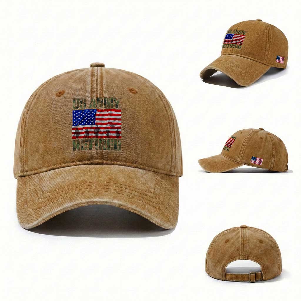 Retired Veteran Washed Cotton Baseball Cap American Flag US Army Patriotic USA Pride TS12 Washed Cap Universal Fit Yellow Ochre Print Your Wear