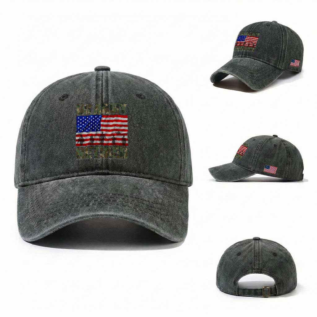 Retired Veteran Washed Cotton Baseball Cap American Flag US Army Patriotic USA Pride TS12 Washed Cap Universal Fit Dark Green Print Your Wear