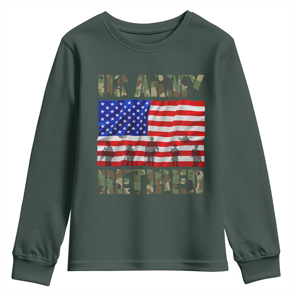 Retired Veteran Youth Sweatshirt American Flag US Army Patriotic USA Pride TS12 Dark Forest Green Print Your Wear