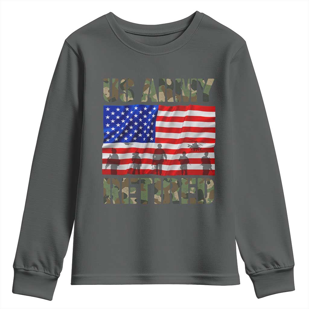 Retired Veteran Youth Sweatshirt American Flag US Army Patriotic USA Pride TS12 Dark Heather Print Your Wear
