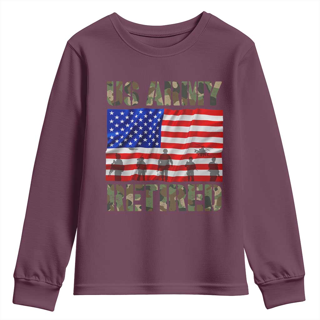 Retired Veteran Youth Sweatshirt American Flag US Army Patriotic USA Pride TS12 Maroon Print Your Wear