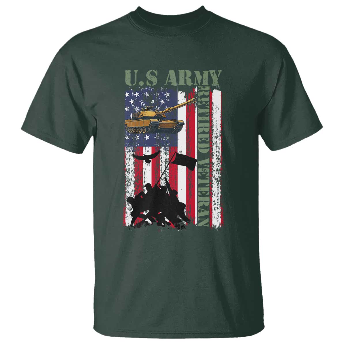 Retired Army T Shirt American Flag US Patriotic USA Pride TS12 Dark Forest Green Print Your Wear