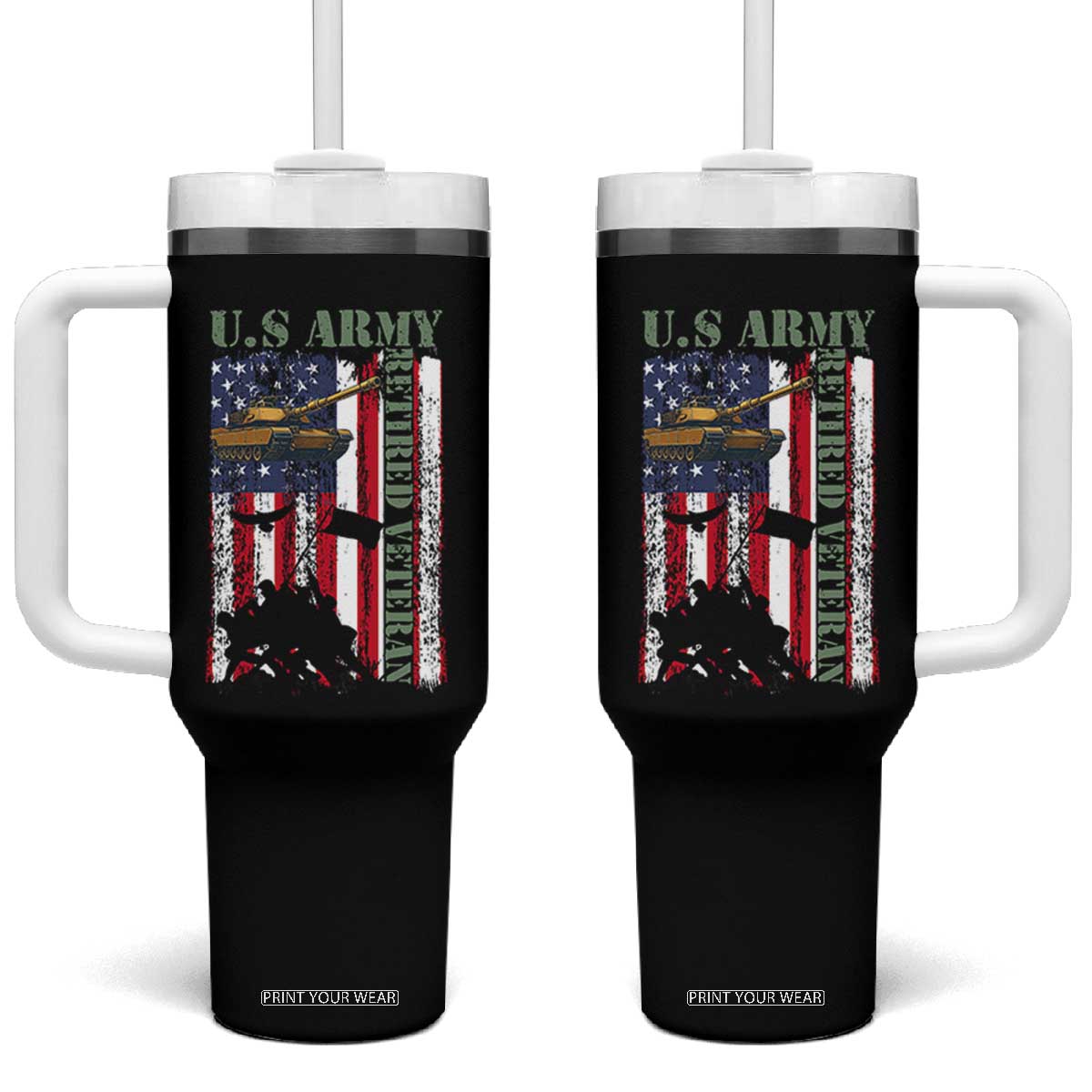 Retired Army Tumbler With Handle American Flag US Patriotic USA Pride TS12 One Size: 40 oz Black Print Your Wear