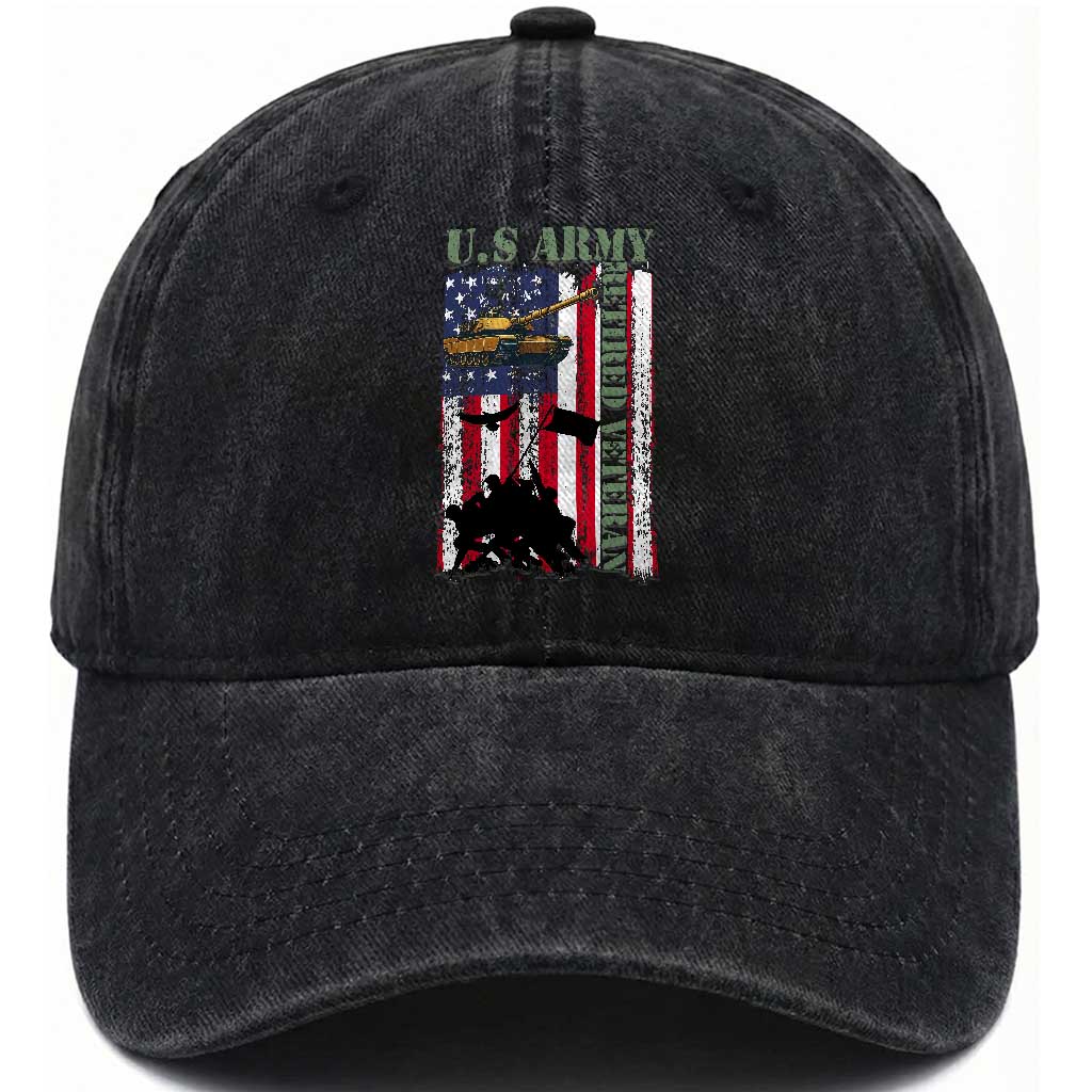 Retired Army Washed Cotton Baseball Cap American Flag US Patriotic USA Pride TS12 Washed Cap Universal Fit Black Print Your Wear