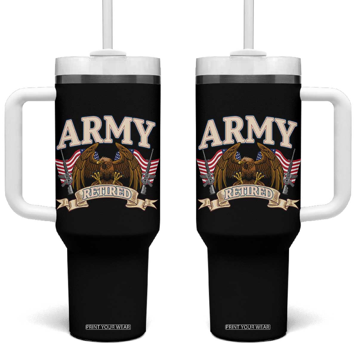 Retirement Army Veteran Tumbler With Handle American Flag USA Patriotic TS12 One Size: 40 oz Black Print Your Wear