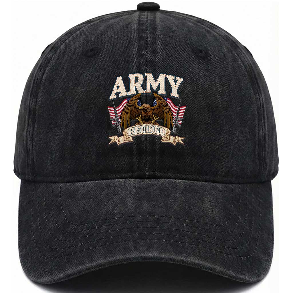 Retirement Army Veteran Washed Cotton Baseball Cap American Flag USA Patriotic TS12 Washed Cap Universal Fit Black Print Your Wear