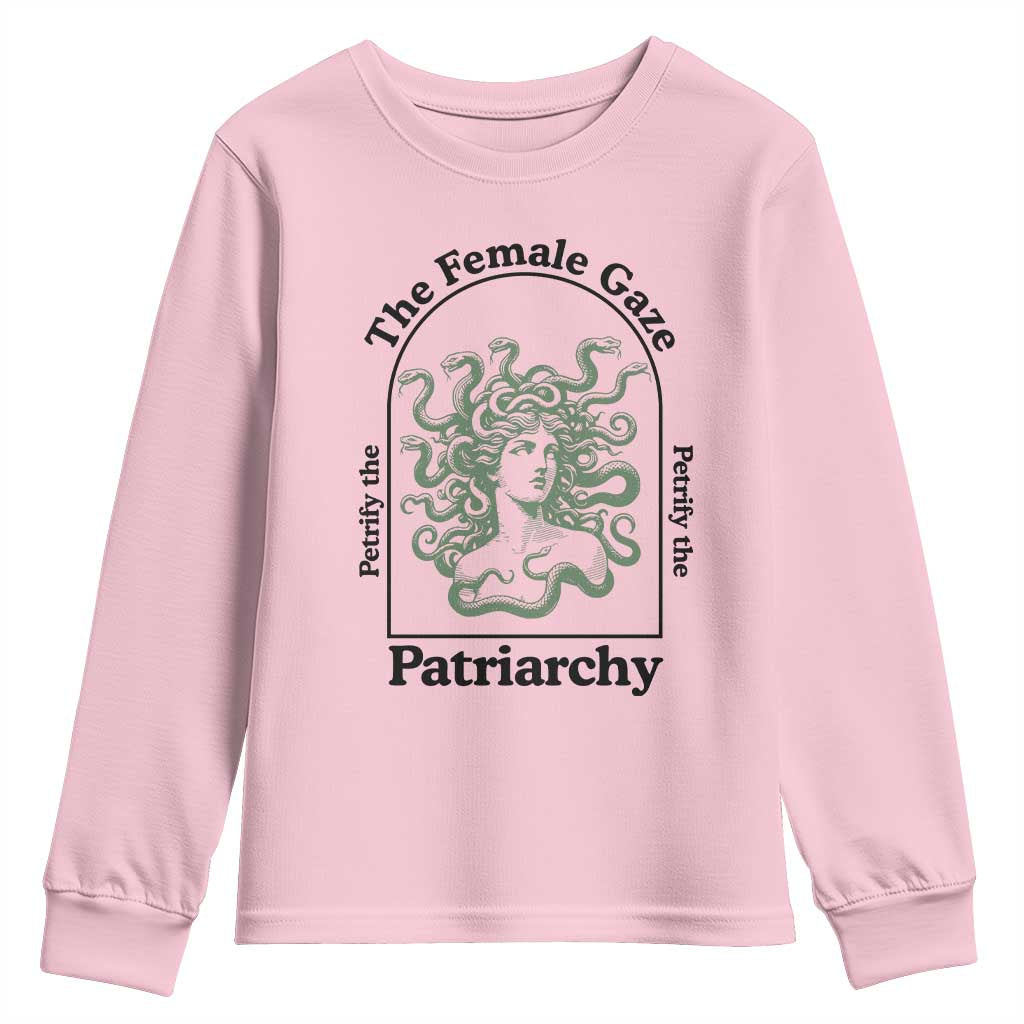 Feminist Youth Sweatshirt The Female Gaze Petrify The Patriarchy Mythology Medusa TS12 Light Pink Print Your Wear