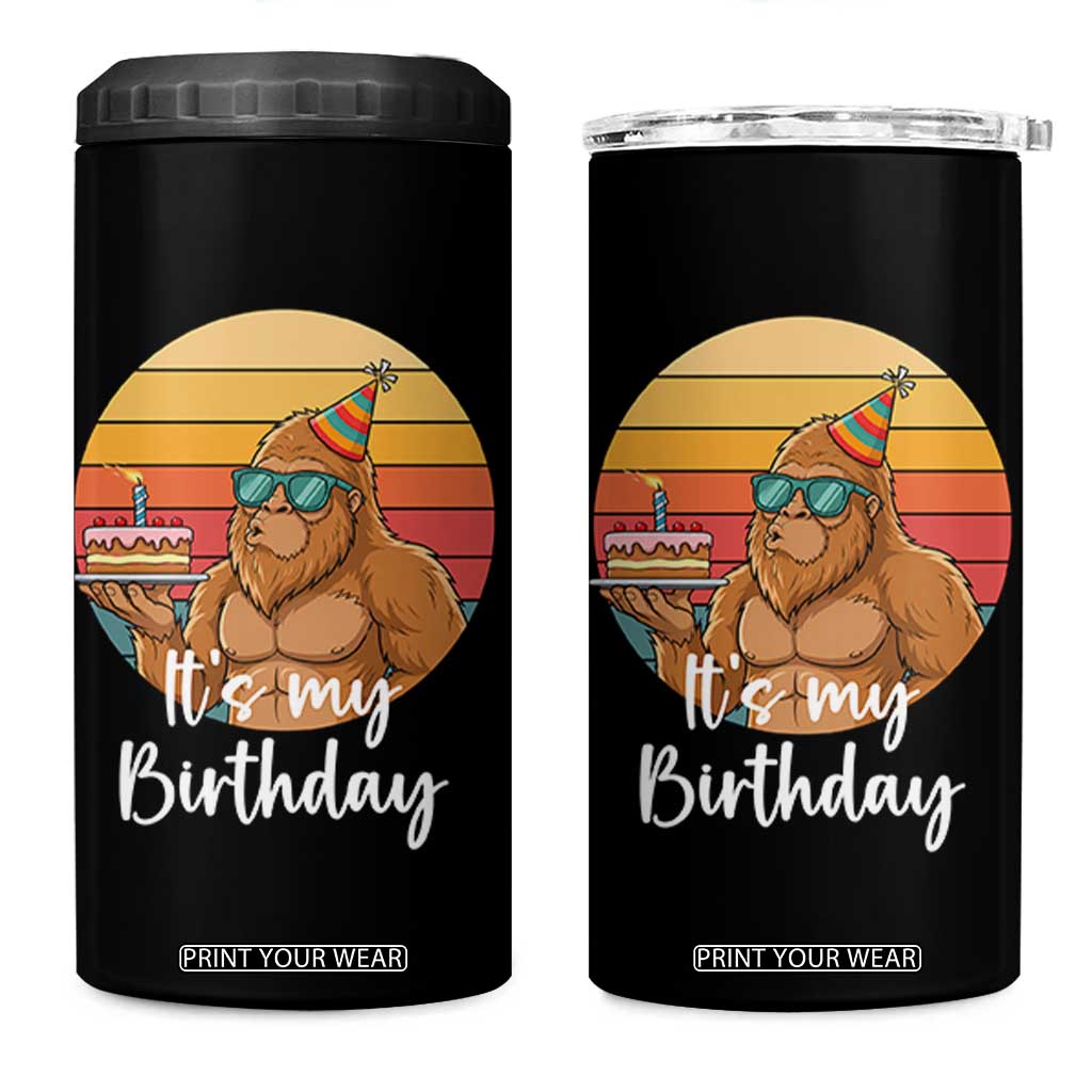 It Is My Birthday 4 in 1 Can Cooler Tumbler Funny Bigfoot Blowing Candle Birthday Cake