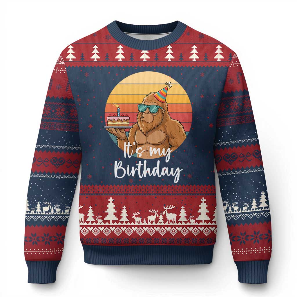 It Is My Birthday Ugly Christmas Sweater Funny Bigfoot Blowing Candle Birthday Cake TS12 Navy Red Print Your Wear