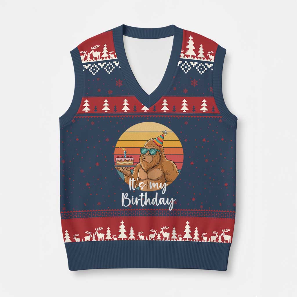 It Is My Birthday V-Neck Knit Sweater Vest Funny Bigfoot Blowing Candle Birthday Cake TS12 Navy Red Print Your Wear