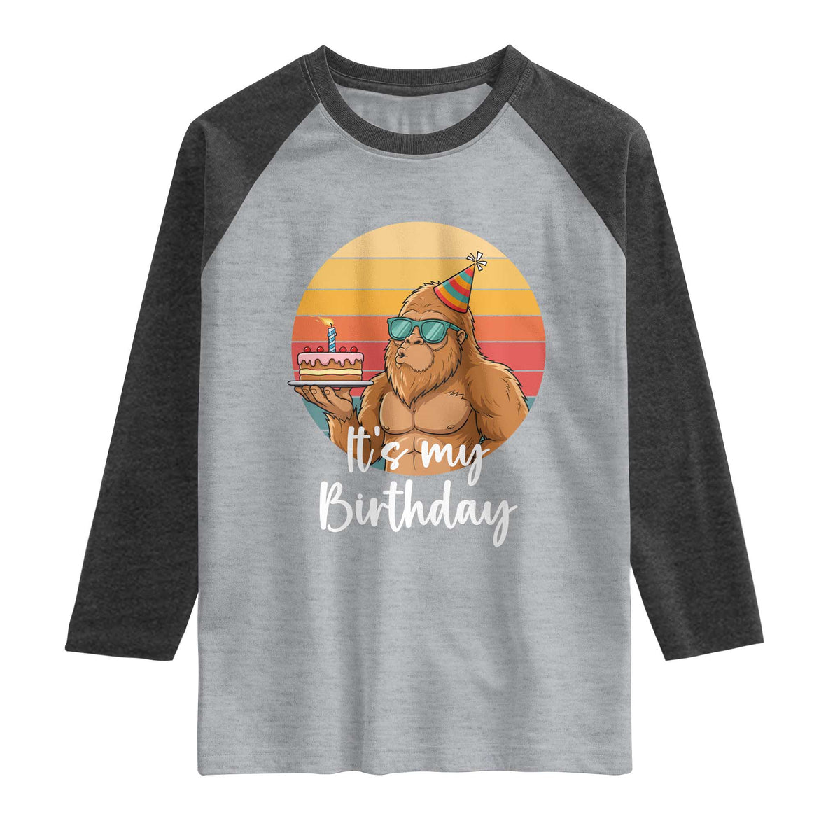 It Is My Birthday Raglan Shirt Funny Bigfoot Blowing Candle Birthday Cake