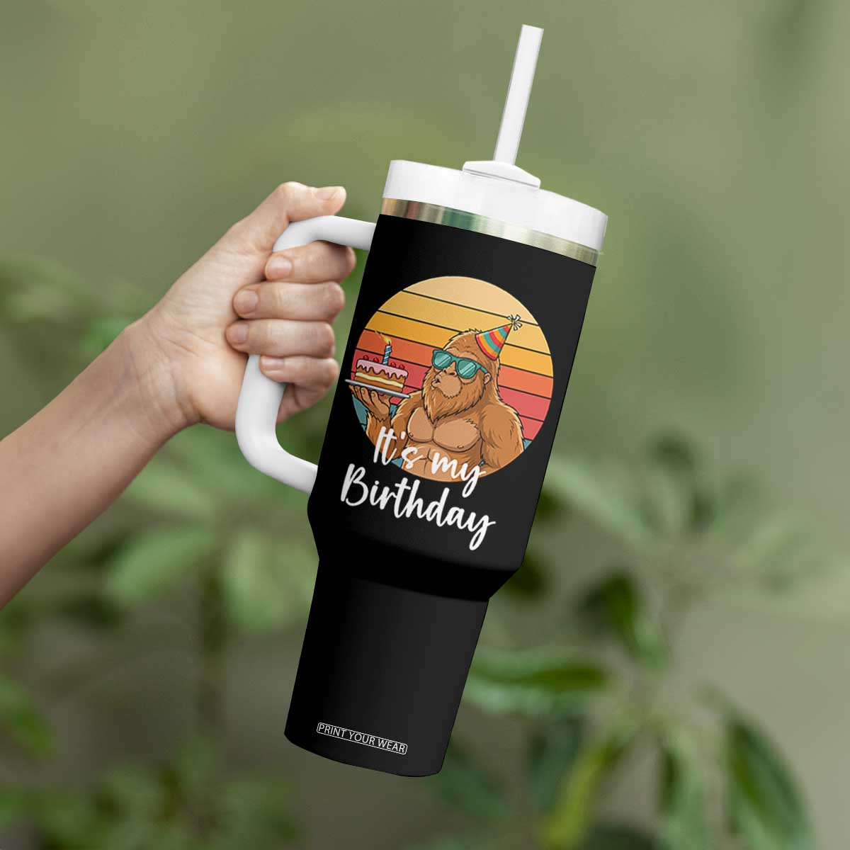 It Is My Birthday Tumbler With Handle Funny Bigfoot Blowing Candle Birthday Cake