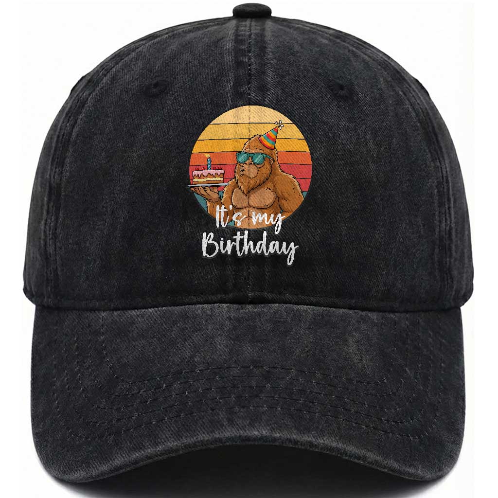 It Is My Birthday Washed Cotton Baseball Cap Funny Bigfoot Blowing Candle Birthday Cake TS12 Print Your Wear