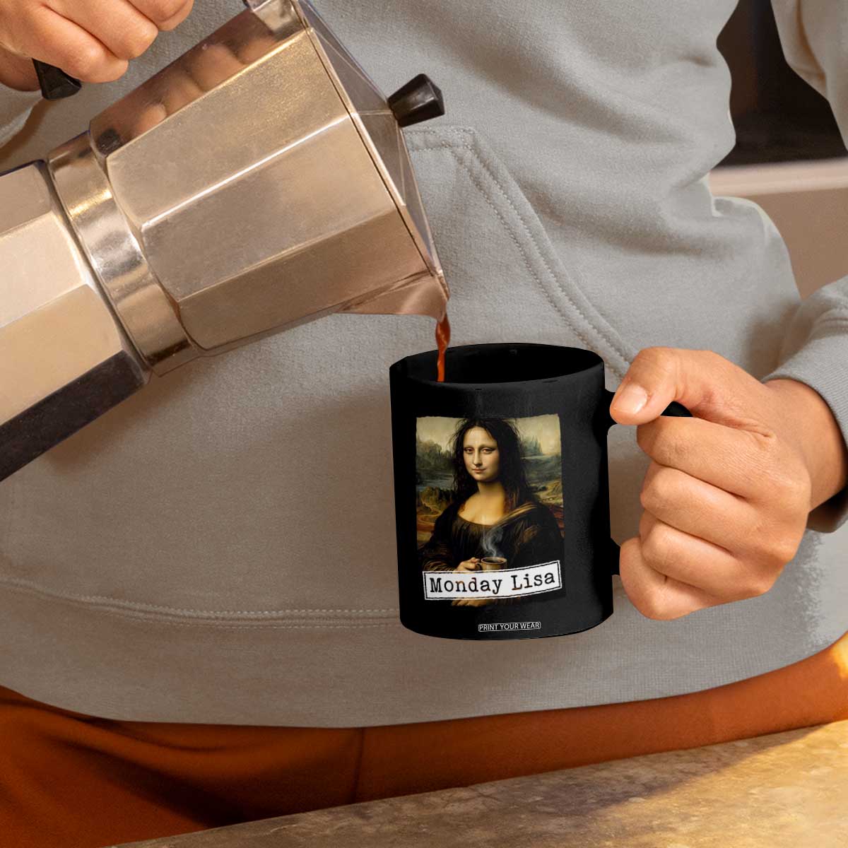 Monday Lisa Coffee Lover Coffee Mug Funny Mona Lisa Art Parody Graphic Tired Work