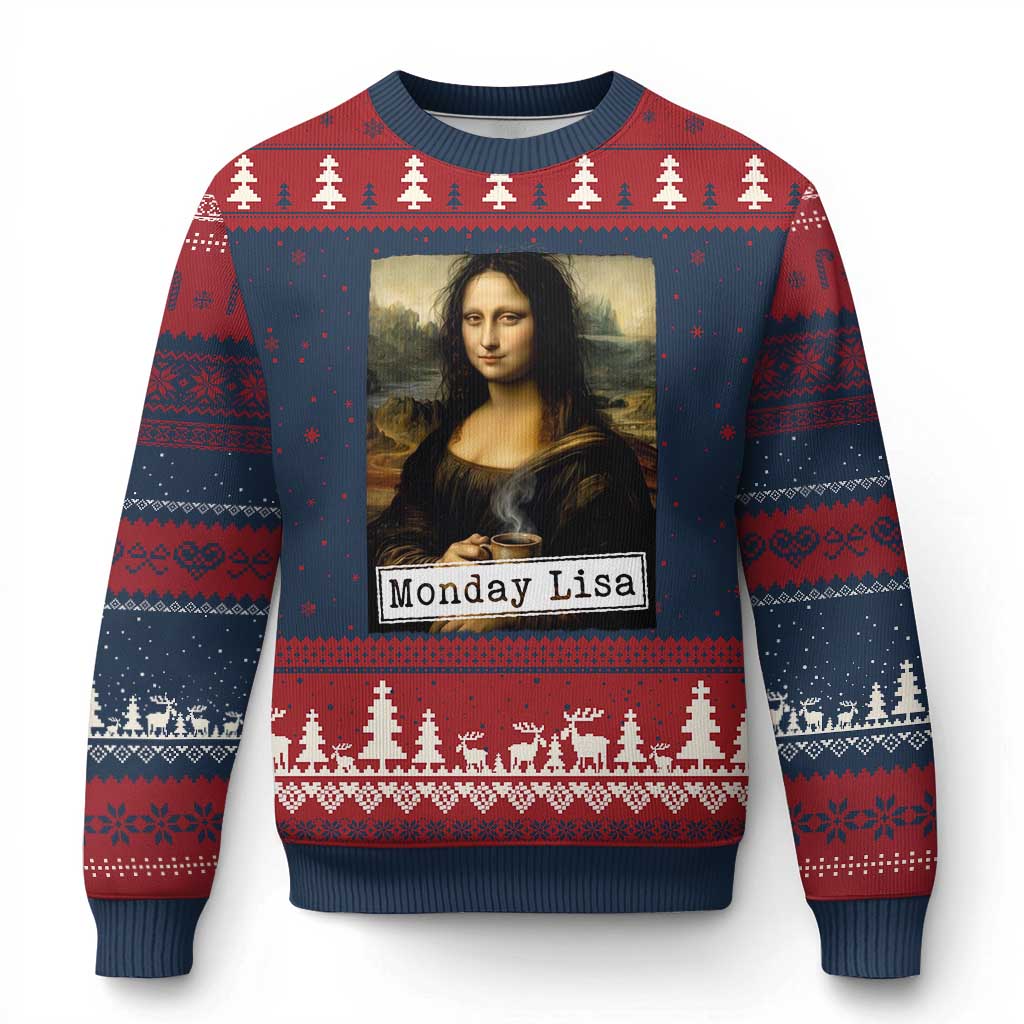 Monday Lisa Coffee Lover Ugly Christmas Sweater Funny Mona Lisa Art Parody Graphic Tired Work TS12 Navy Red Print Your Wear