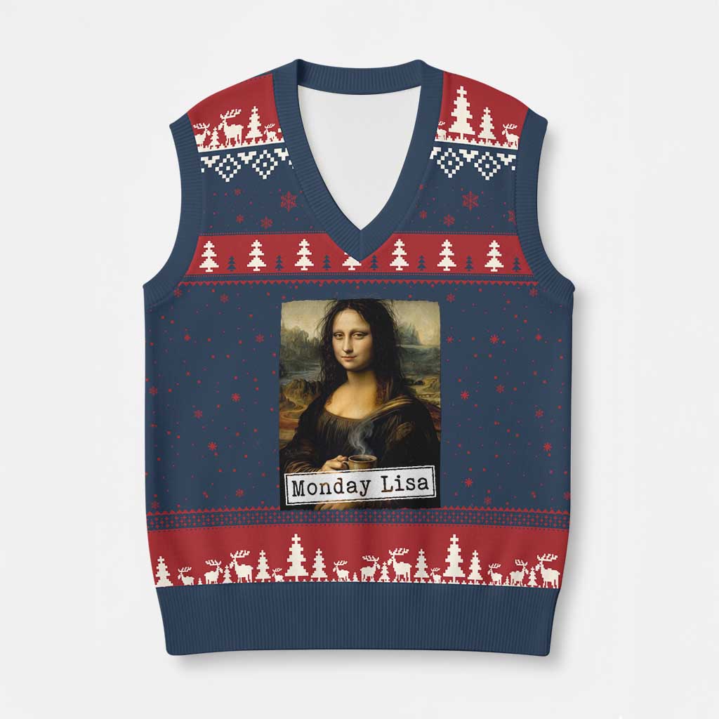 Monday Lisa Coffee Lover V-Neck Knit Sweater Vest Funny Mona Lisa Art Parody Graphic Tired Work