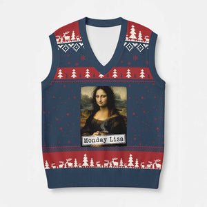 Monday Lisa Coffee Lover V-Neck Knit Sweater Vest Funny Mona Lisa Art Parody Graphic Tired Work
