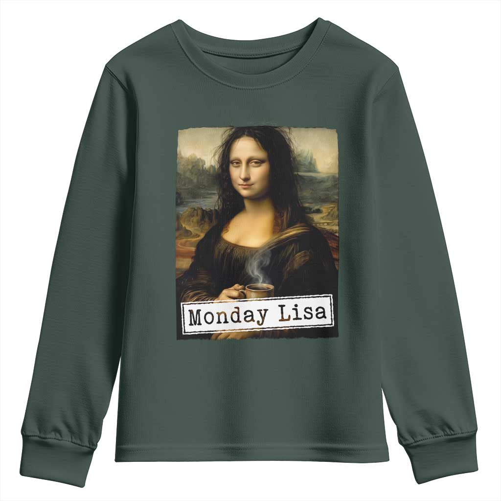 Monday Lisa Coffee Lover Youth Sweatshirt Funny Mona Lisa Art Parody Graphic Tired Work