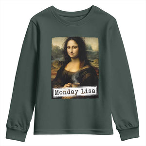 Monday Lisa Coffee Lover Youth Sweatshirt Funny Mona Lisa Art Parody Graphic Tired Work