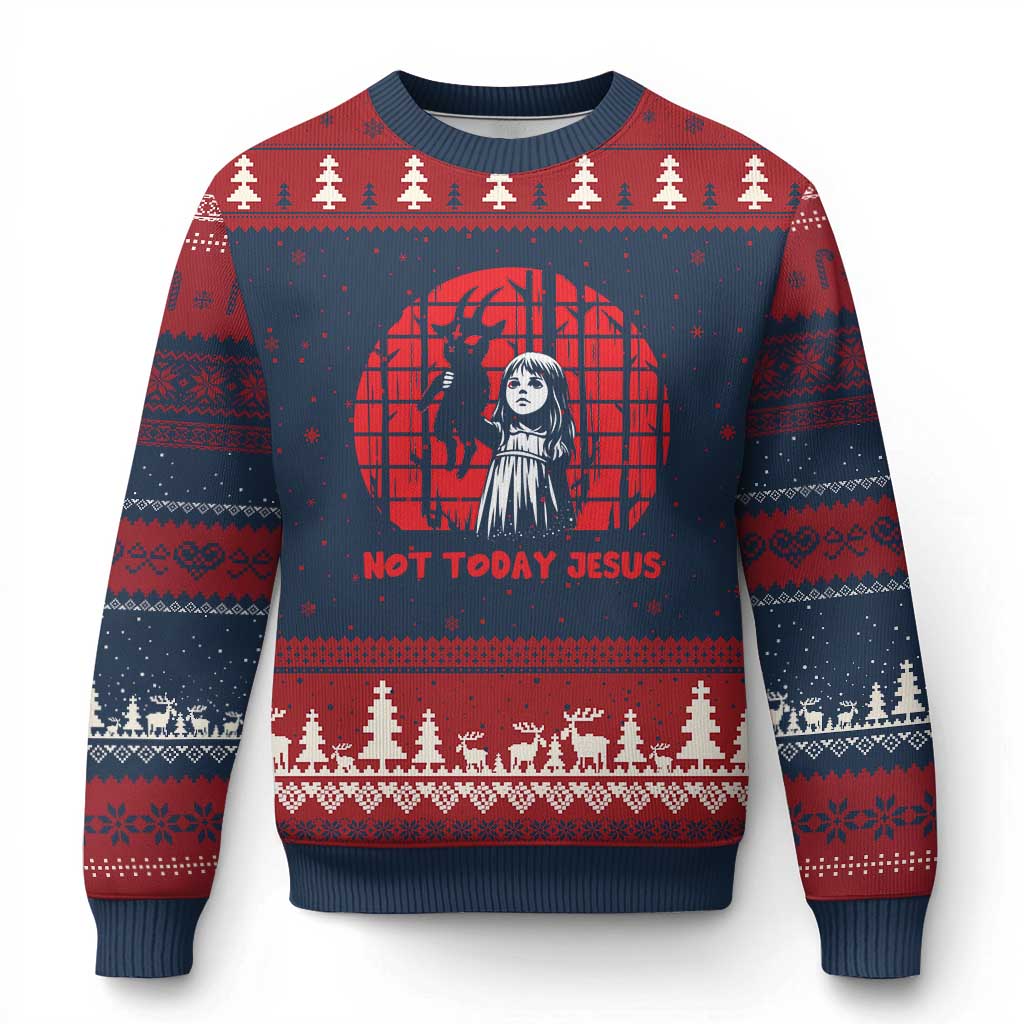 Not Today Jesus Ugly Christmas Sweater Gothic Dark Art Pastel Goth Creepy Graphic TS12 Navy Red Print Your Wear