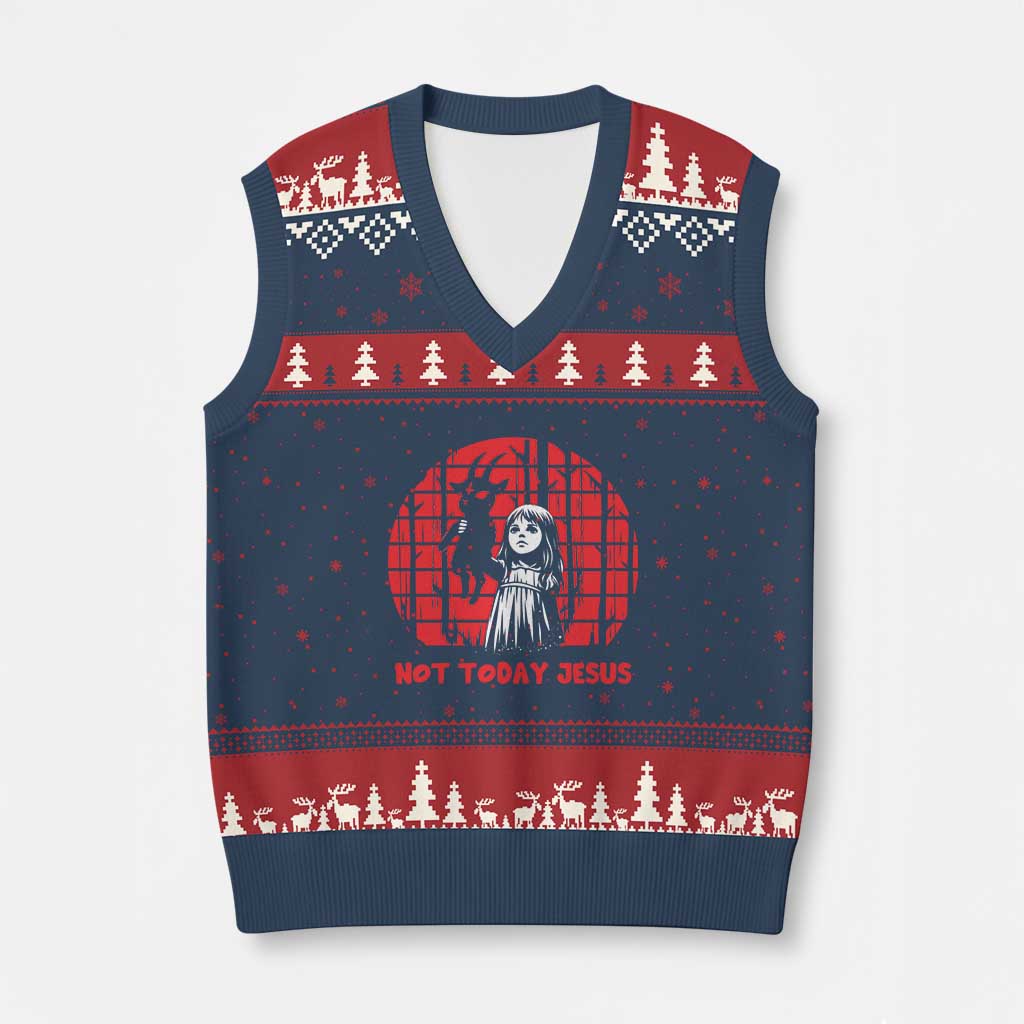 Not Today Jesus V-Neck Knit Sweater Vest Gothic Dark Art Pastel Goth Creepy Graphic TS12 Navy Red Print Your Wear