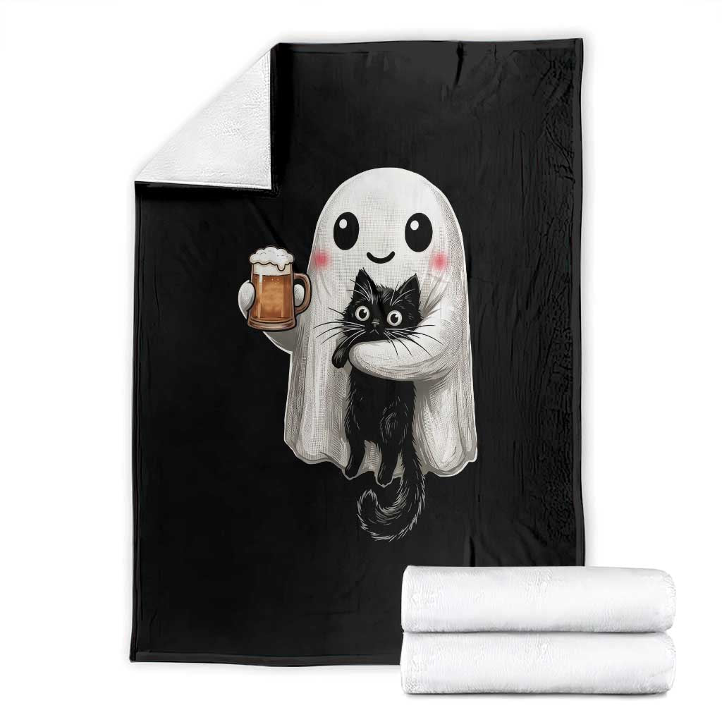 Funny Halloween Throw Blanket Cute Ghost Holding Black Cat Drinking Beer TS12 Black Print Your Wear