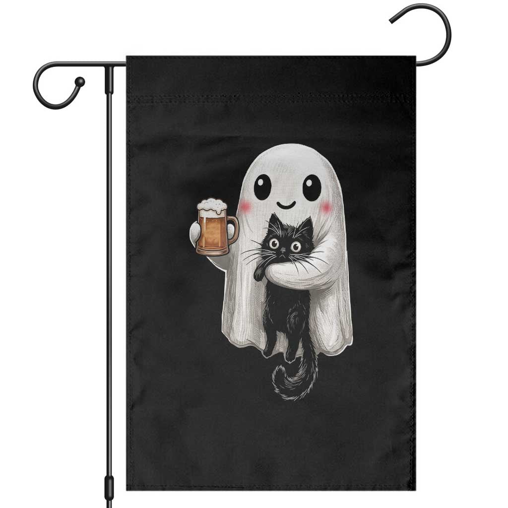 Funny Halloween Garden Flag Cute Ghost Holding Black Cat Drinking Beer TS12 Black Print Your Wear