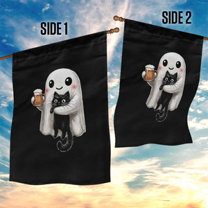Funny Halloween Garden Flag Cute Ghost Holding Black Cat Drinking Beer