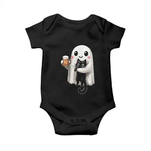 Funny Halloween Baby Onesie Cute Ghost Holding Black Cat Drinking Beer