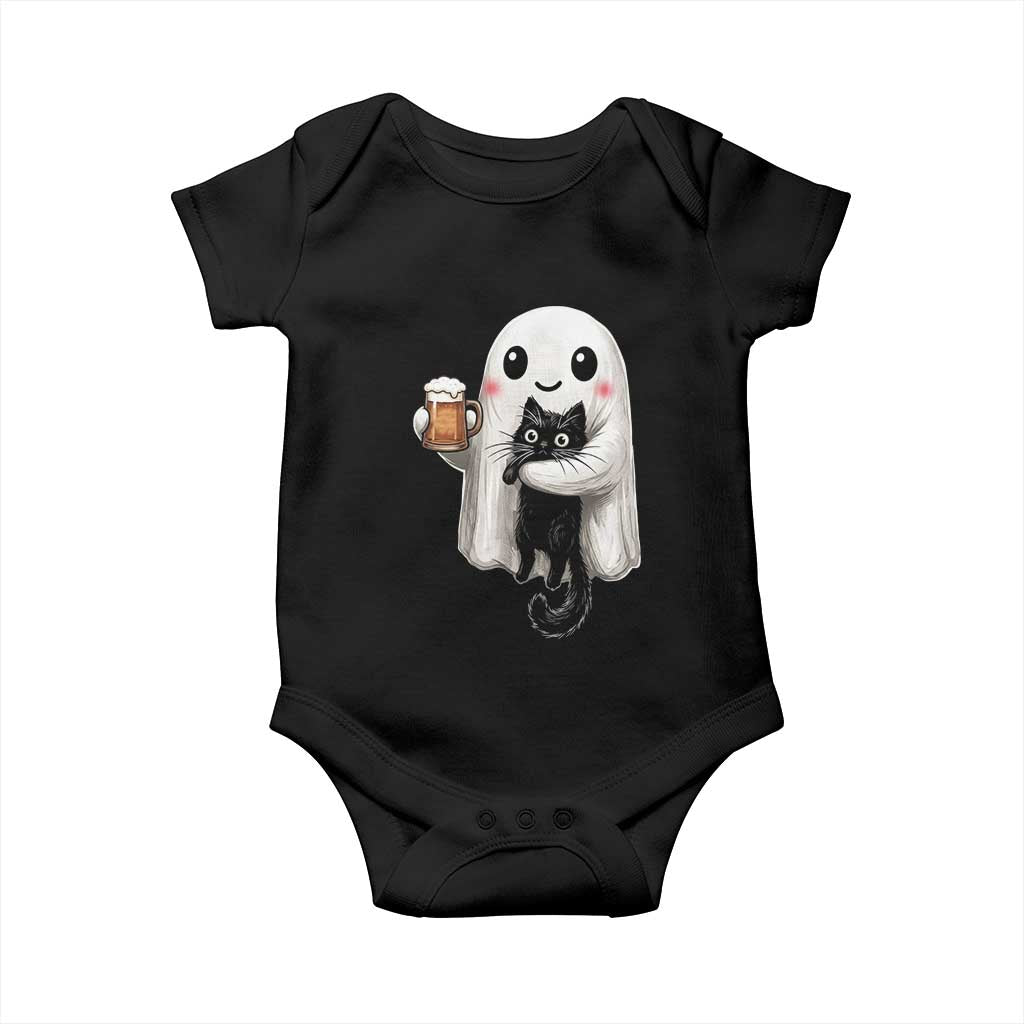 Funny Halloween Baby Onesie Cute Ghost Holding Black Cat Drinking Beer TS12 Black Print Your Wear