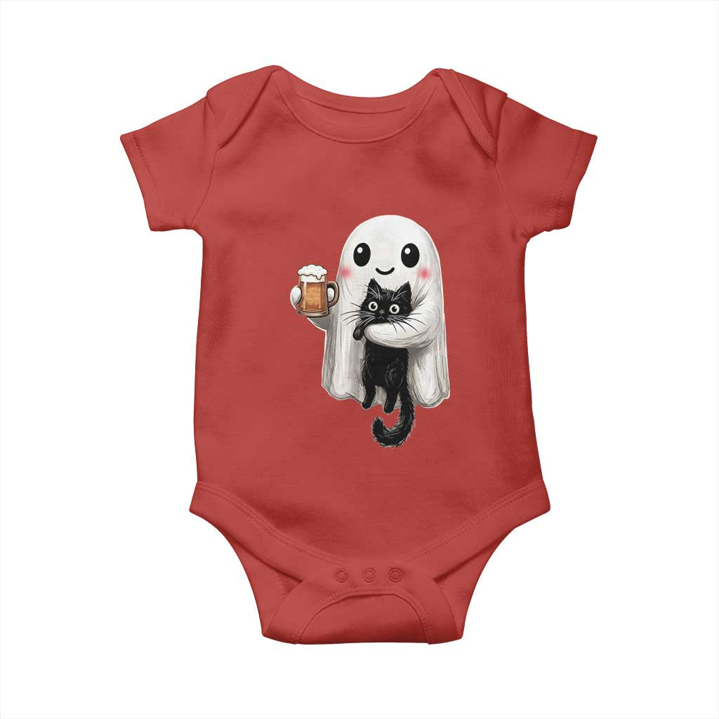 Funny Halloween Baby Onesie Cute Ghost Holding Black Cat Drinking Beer