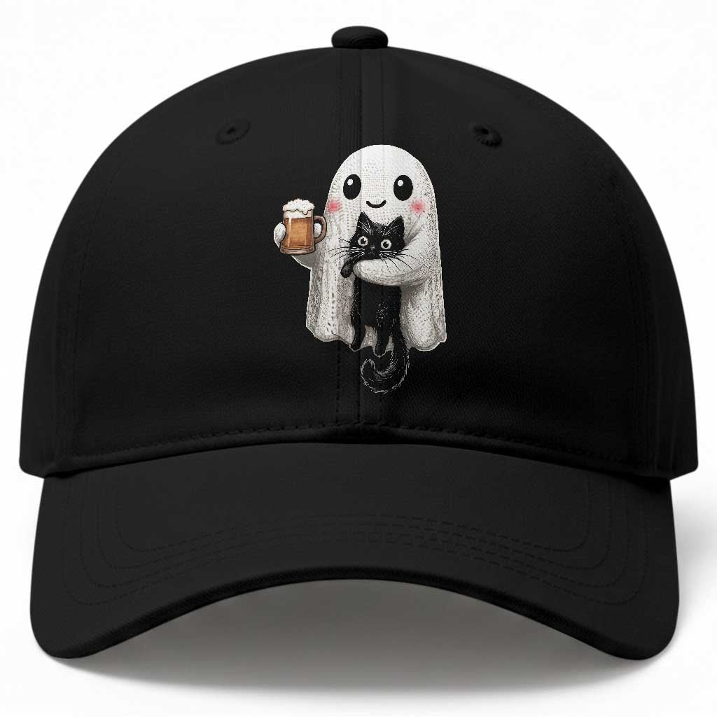 Funny Halloween Baseball Cap Cute Ghost Holding Black Cat Drinking Beer TS12 Print Your Wear