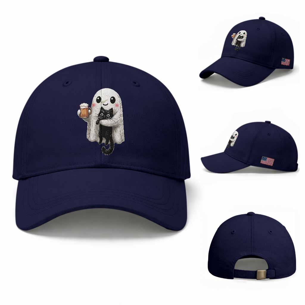 Funny Halloween Baseball Cap Cute Ghost Holding Black Cat Drinking Beer