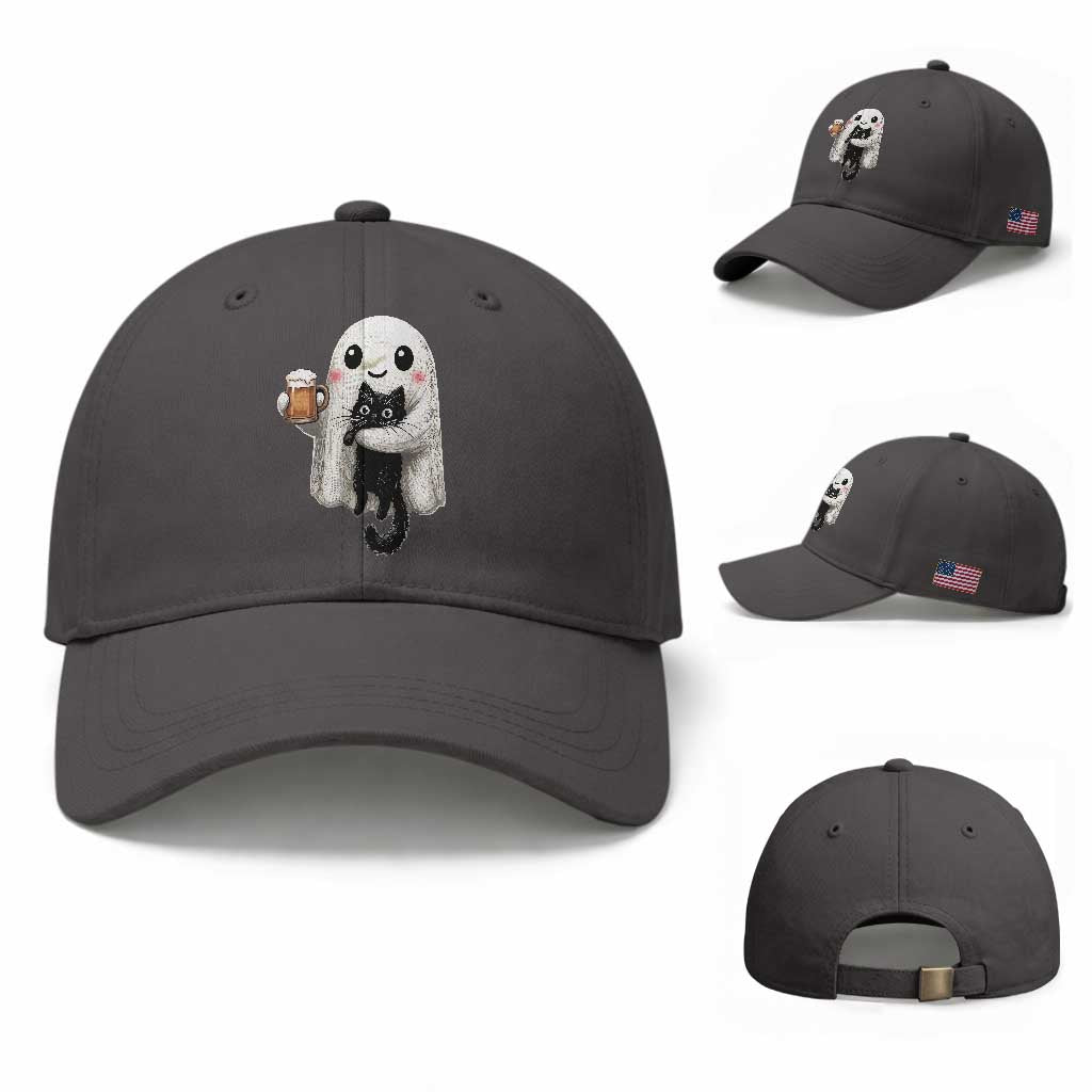 Funny Halloween Baseball Cap Cute Ghost Holding Black Cat Drinking Beer
