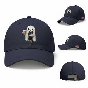 Funny Halloween Baseball Cap Cute Ghost Holding Black Cat Drinking Beer