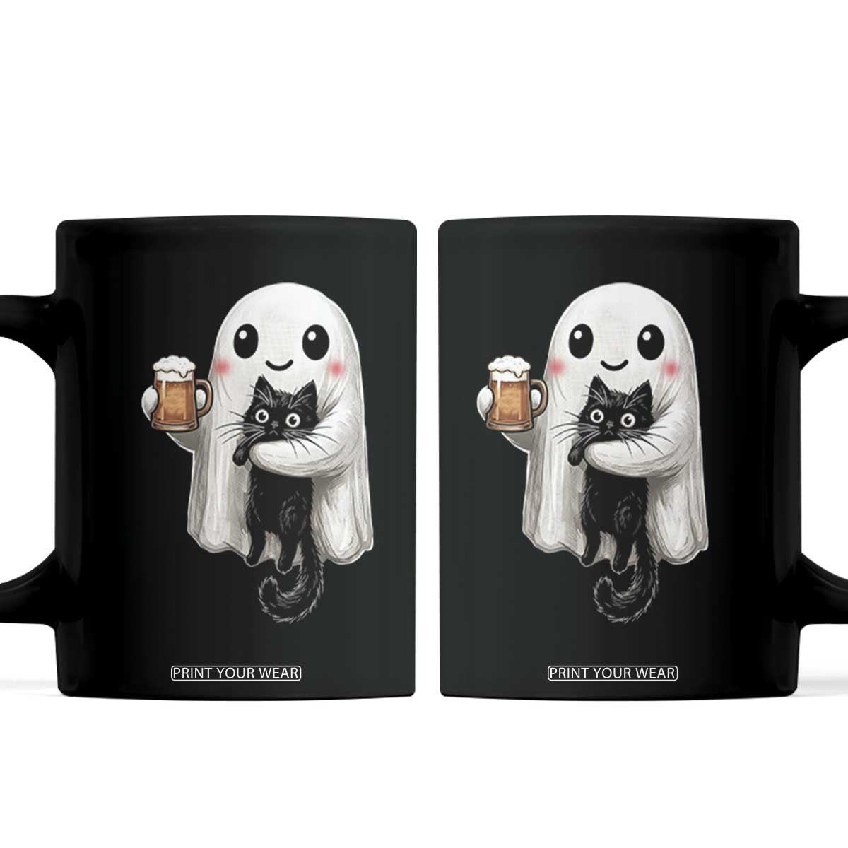 Funny Halloween Coffee Mug Cute Ghost Holding Black Cat Drinking Beer TS12 Black Print Your Wear
