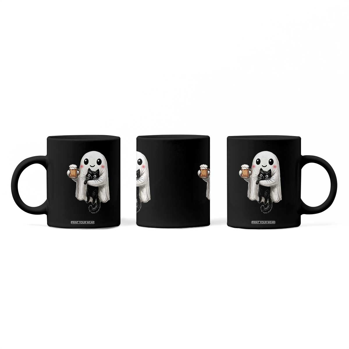 Funny Halloween Coffee Mug Cute Ghost Holding Black Cat Drinking Beer