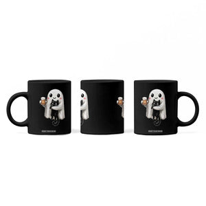 Funny Halloween Coffee Mug Cute Ghost Holding Black Cat Drinking Beer