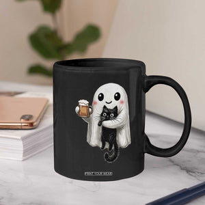 Funny Halloween Coffee Mug Cute Ghost Holding Black Cat Drinking Beer